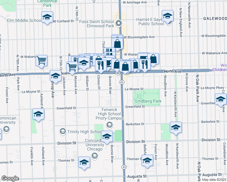 map of restaurants, bars, coffee shops, grocery stores, and more near 1447 Bonnie Brae in River Forest