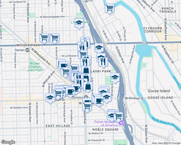 map of restaurants, bars, coffee shops, grocery stores, and more near 1362 North Bosworth Avenue in Chicago