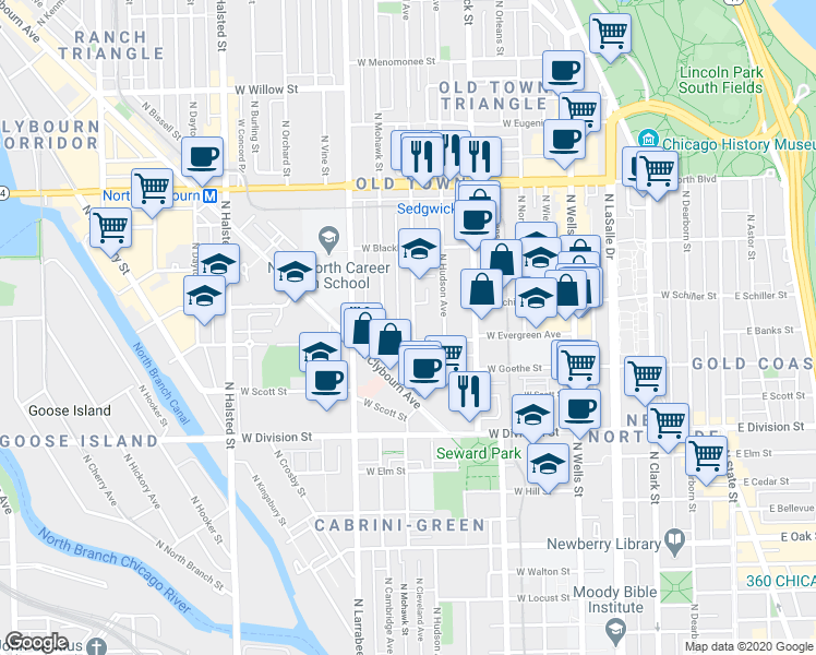 map of restaurants, bars, coffee shops, grocery stores, and more near 1340 North Cleveland Avenue in Chicago