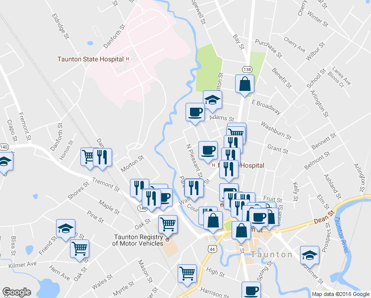 map of restaurants, bars, coffee shops, grocery stores, and more near 38 North Pleasant Street in Taunton