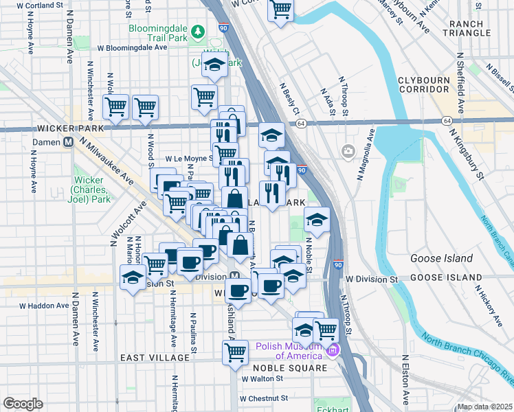 map of restaurants, bars, coffee shops, grocery stores, and more near 1363 North Bosworth Avenue in Chicago