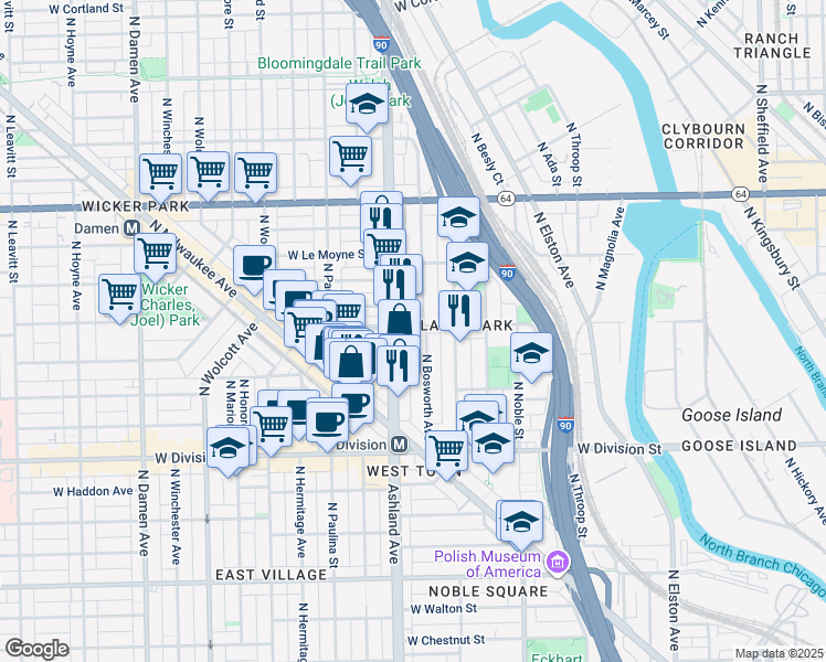 map of restaurants, bars, coffee shops, grocery stores, and more near 1362 North Bosworth Avenue in Chicago