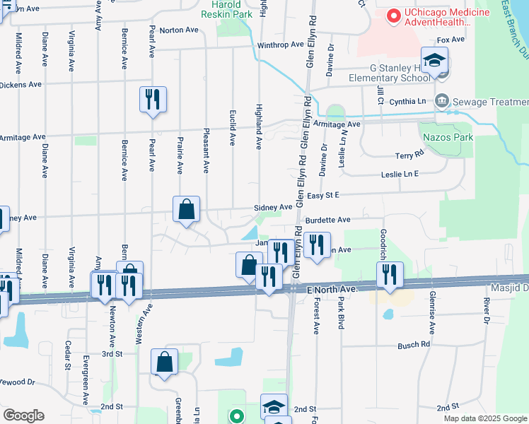 map of restaurants, bars, coffee shops, grocery stores, and more near 535A Darlene Lane in Glendale Heights