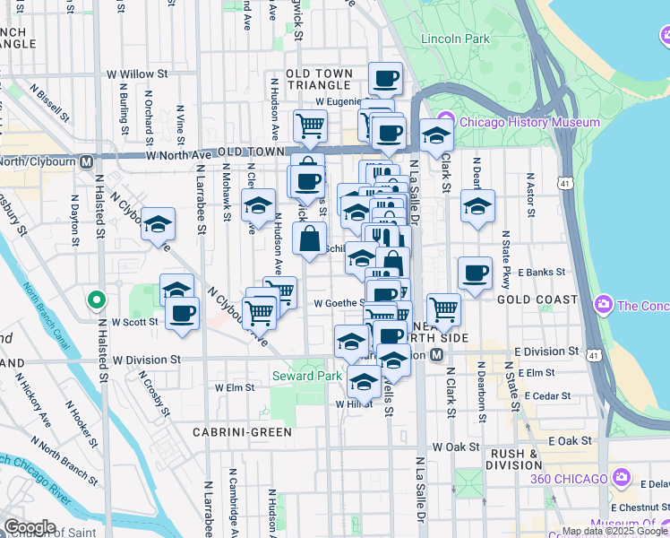 map of restaurants, bars, coffee shops, grocery stores, and more near 324 West Evergreen Avenue in Chicago