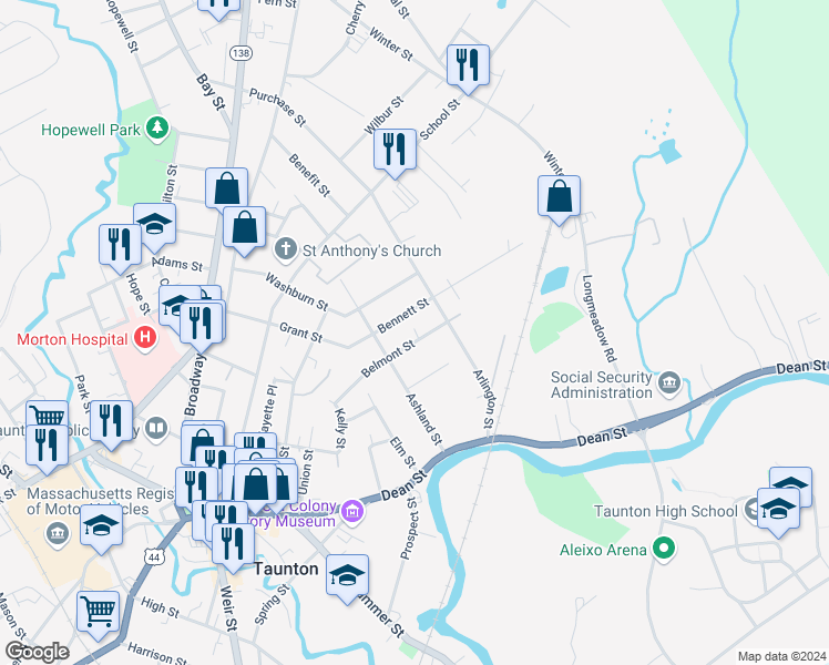 map of restaurants, bars, coffee shops, grocery stores, and more near 110 Belmont Street in Taunton