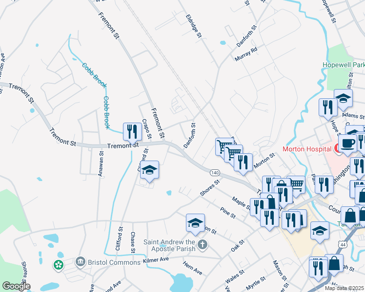 map of restaurants, bars, coffee shops, grocery stores, and more near 93 Tremont Street in Taunton