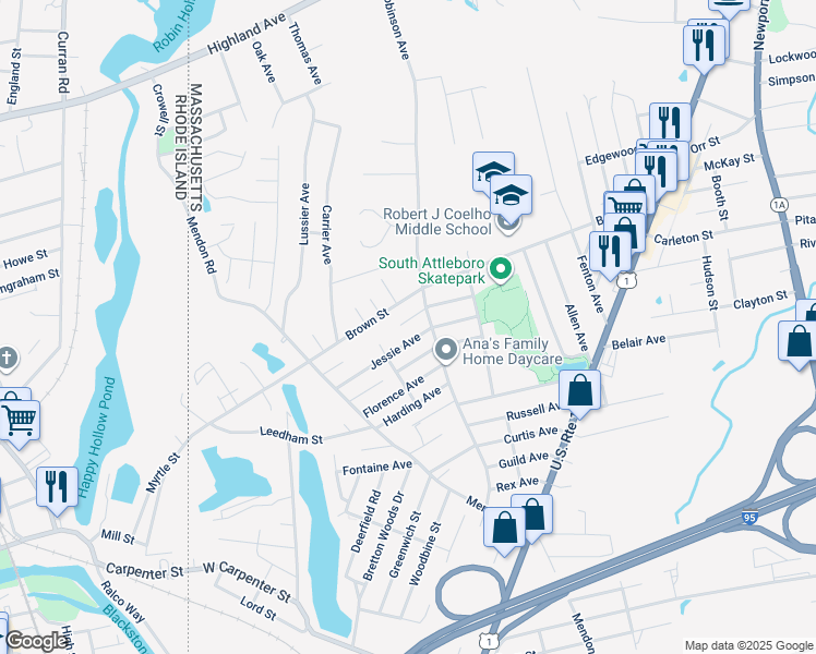 map of restaurants, bars, coffee shops, grocery stores, and more near 7375 Laurier Avenue in Attleboro