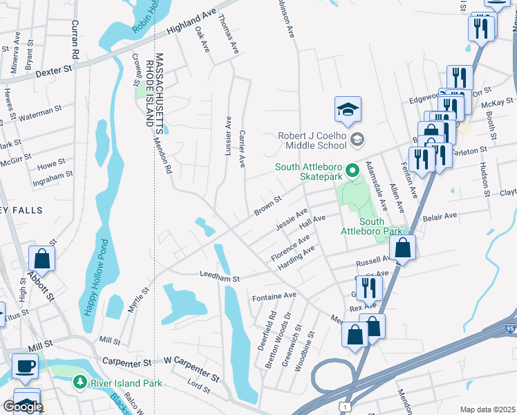 map of restaurants, bars, coffee shops, grocery stores, and more near 245 Brown Street in Attleboro