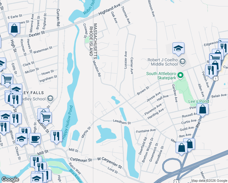 map of restaurants, bars, coffee shops, grocery stores, and more near 497 Mendon Road in Attleboro