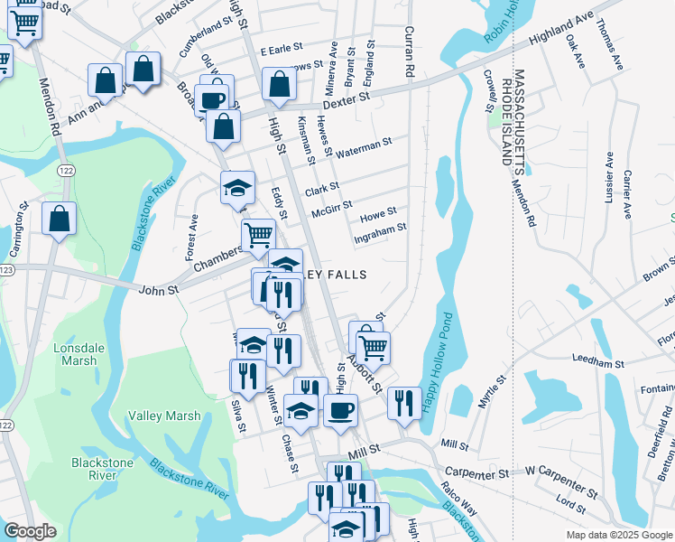 map of restaurants, bars, coffee shops, grocery stores, and more near 22 Sanford Avenue in Cumberland