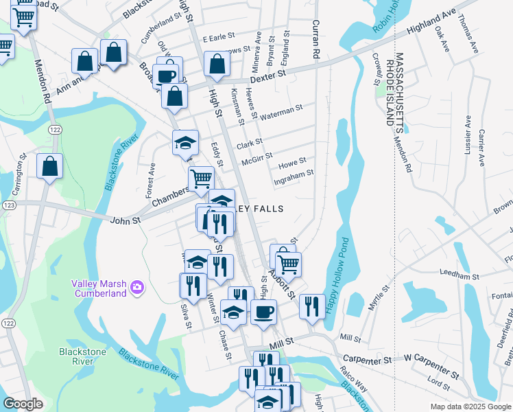 map of restaurants, bars, coffee shops, grocery stores, and more near 22 Sanford Avenue in Cumberland