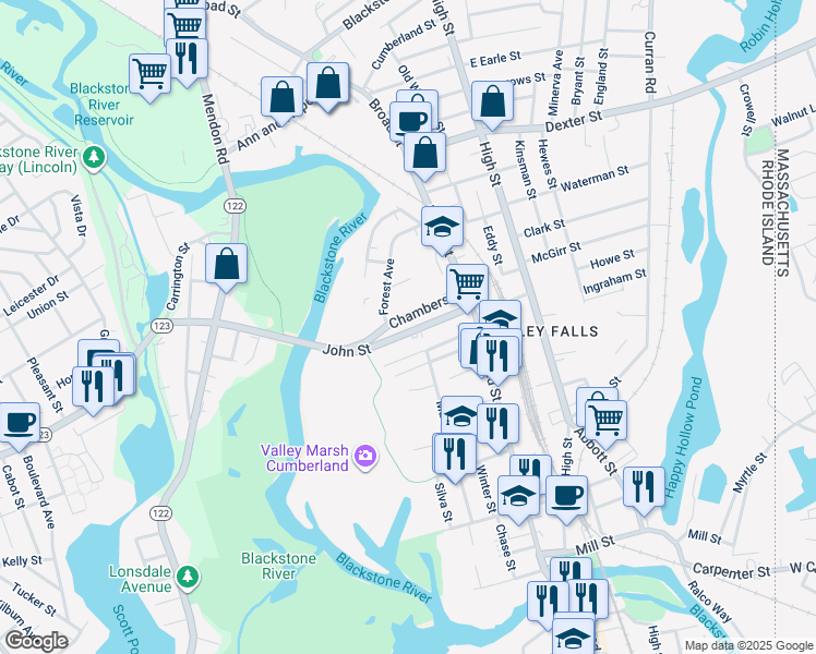 map of restaurants, bars, coffee shops, grocery stores, and more near 38 John Street in Cumberland