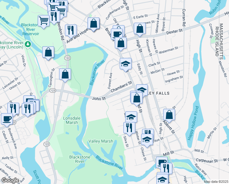 map of restaurants, bars, coffee shops, grocery stores, and more near 38 John Street in Cumberland