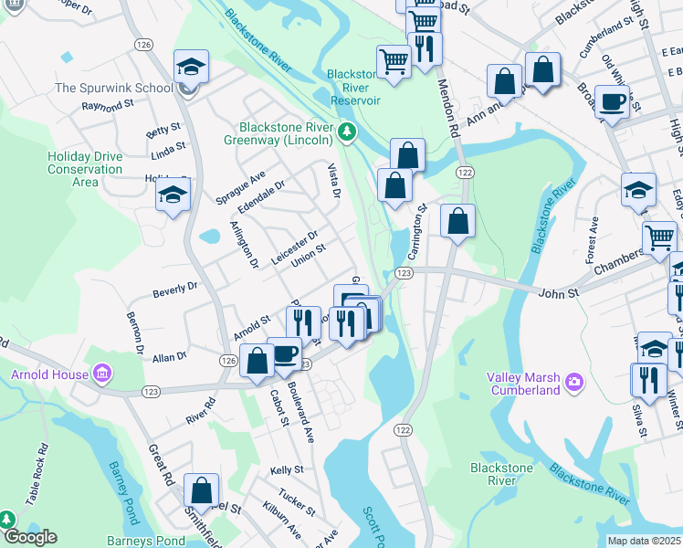 map of restaurants, bars, coffee shops, grocery stores, and more near 23 Arnold Street in Lincoln