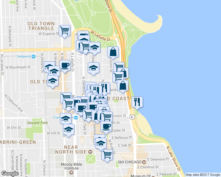 map of restaurants, bars, coffee shops, grocery stores, and more near in Chicago