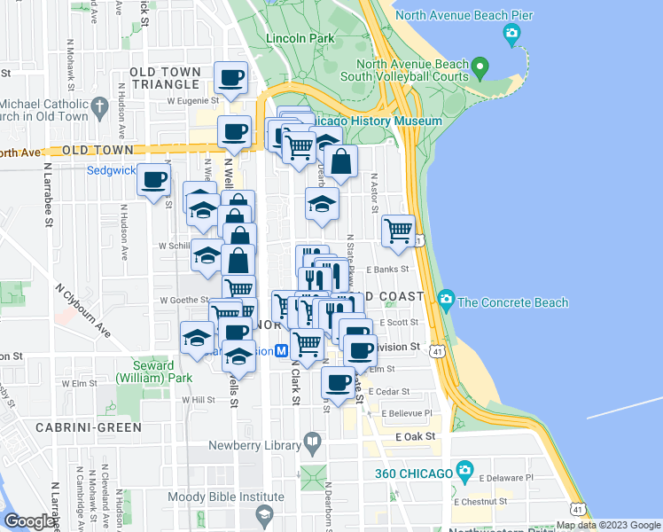 map of restaurants, bars, coffee shops, grocery stores, and more near 1337 North Dearborn Parkway in Chicago