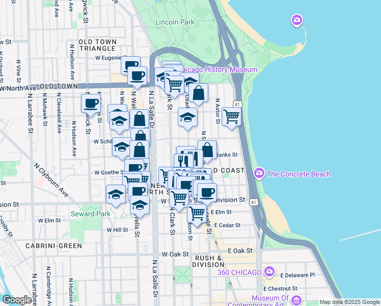 map of restaurants, bars, coffee shops, grocery stores, and more near 1337 North Dearborn Parkway in Chicago