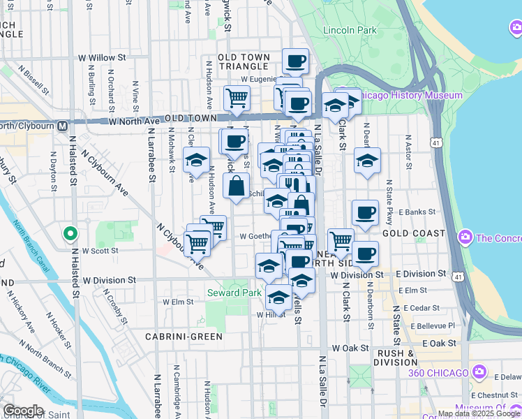 map of restaurants, bars, coffee shops, grocery stores, and more near 1331-1399 North North Park Avenue in Chicago