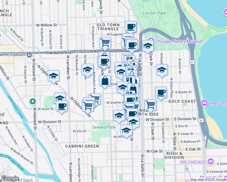 map of restaurants, bars, coffee shops, grocery stores, and more near 324 West Evergreen Avenue in Chicago