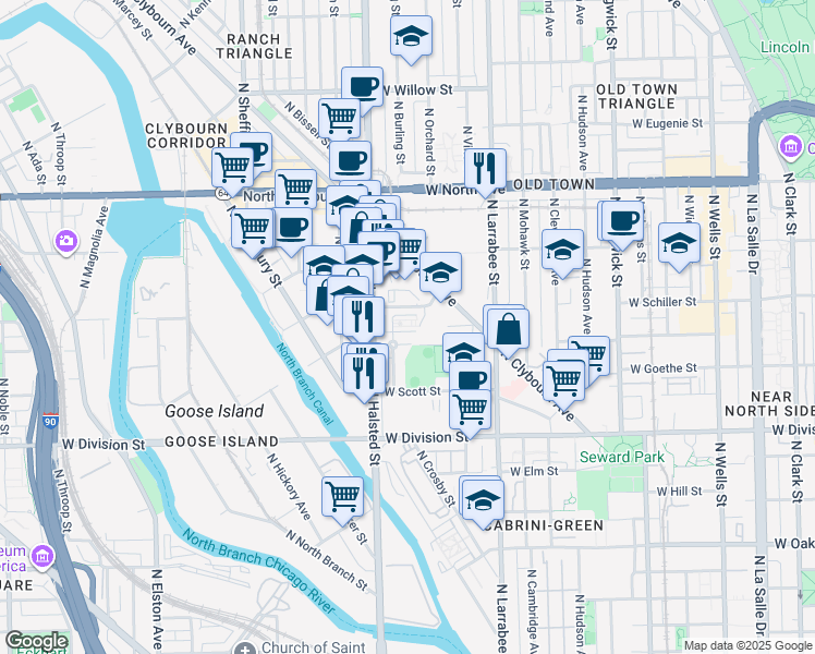 map of restaurants, bars, coffee shops, grocery stores, and more near 711 West Blackhawk Street in Chicago