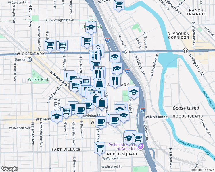 map of restaurants, bars, coffee shops, grocery stores, and more near 1363 North Bosworth Avenue in Chicago