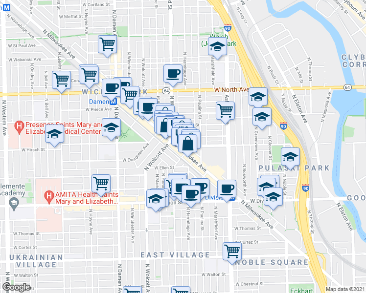 map of restaurants, bars, coffee shops, grocery stores, and more near 1383 North Milwaukee Avenue in Chicago