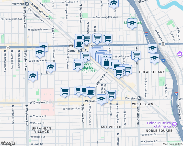 map of restaurants, bars, coffee shops, grocery stores, and more near 1901 West Schiller Street in Chicago