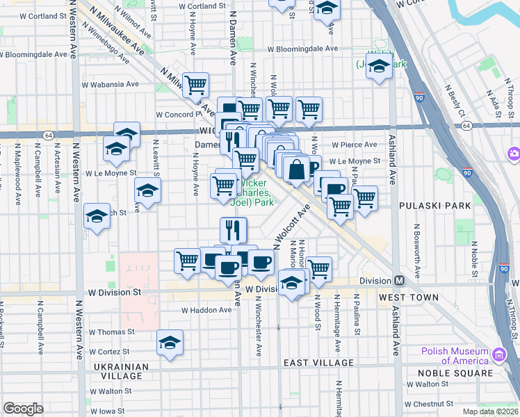 map of restaurants, bars, coffee shops, grocery stores, and more near 1927 West Schiller Street in Chicago