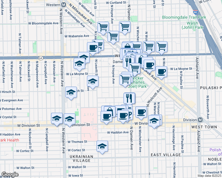 map of restaurants, bars, coffee shops, grocery stores, and more near 1367 North Hoyne Avenue in Chicago