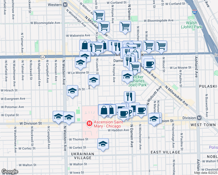 map of restaurants, bars, coffee shops, grocery stores, and more near 2129 West Schiller Street in Chicago