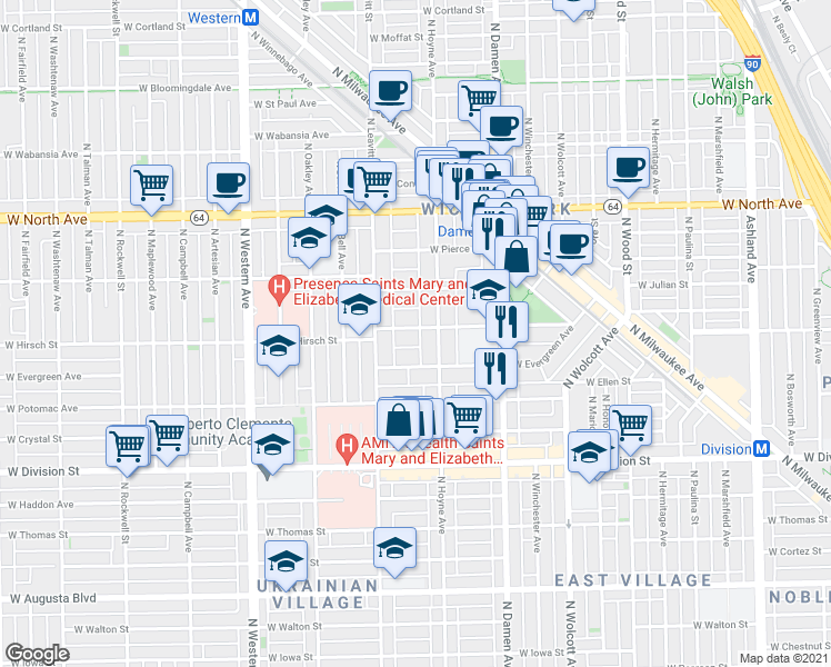 map of restaurants, bars, coffee shops, grocery stores, and more near 2129 West Schiller Street in Chicago
