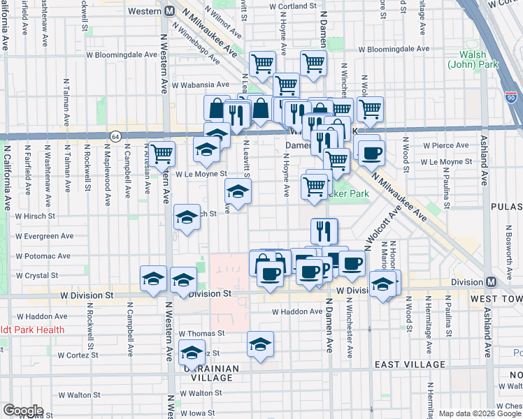 map of restaurants, bars, coffee shops, grocery stores, and more near 2129 West Schiller Street in Chicago