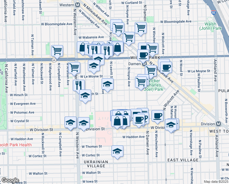 map of restaurants, bars, coffee shops, grocery stores, and more near 1343 North Leavitt Street in Chicago