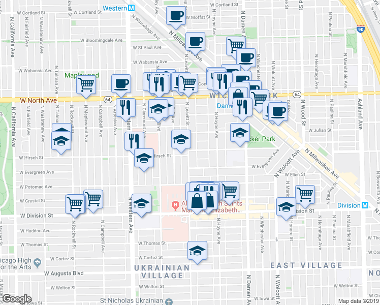 map of restaurants, bars, coffee shops, grocery stores, and more near 1343 North Leavitt Street in Chicago