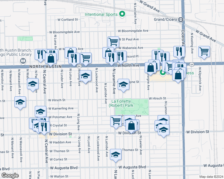 map of restaurants, bars, coffee shops, grocery stores, and more near 1440 North Laramie Avenue in Chicago