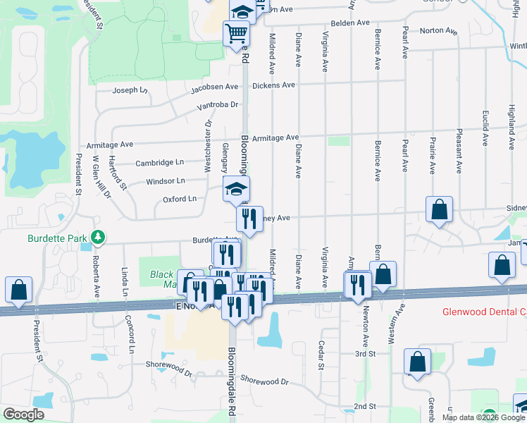 map of restaurants, bars, coffee shops, grocery stores, and more near 2N226 Mildred Avenue in Glen Ellyn
