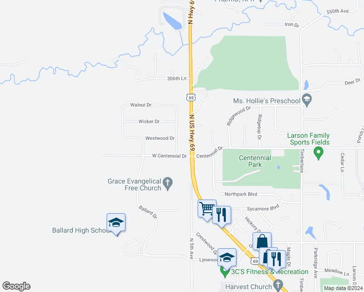 map of restaurants, bars, coffee shops, grocery stores, and more near 404 West Centennial Drive in Huxley