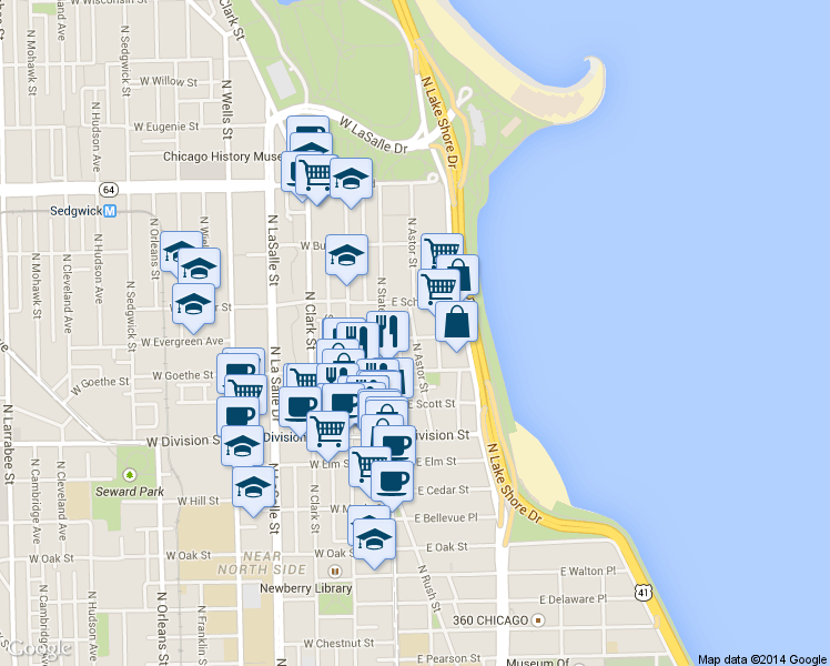 map of restaurants, bars, coffee shops, grocery stores, and more near in Chicago