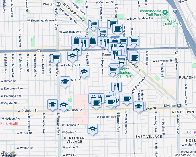 map of restaurants, bars, coffee shops, grocery stores, and more near 2119 West Schiller Street in Chicago