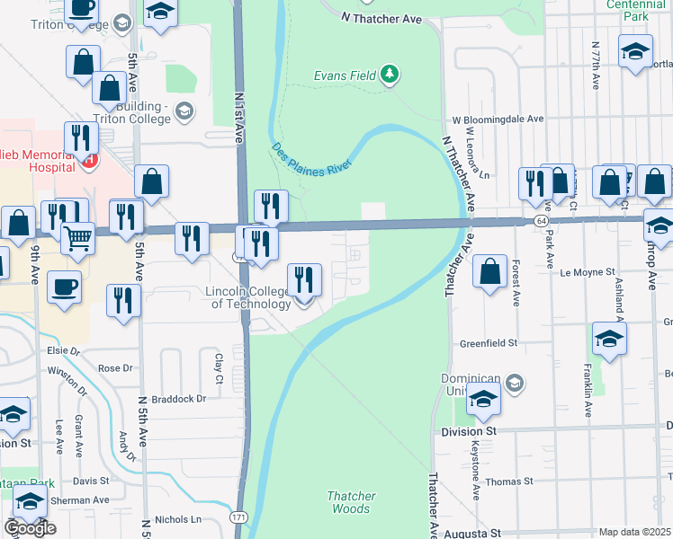 map of restaurants, bars, coffee shops, grocery stores, and more near 1650 Riverwoods Drive in Melrose Park