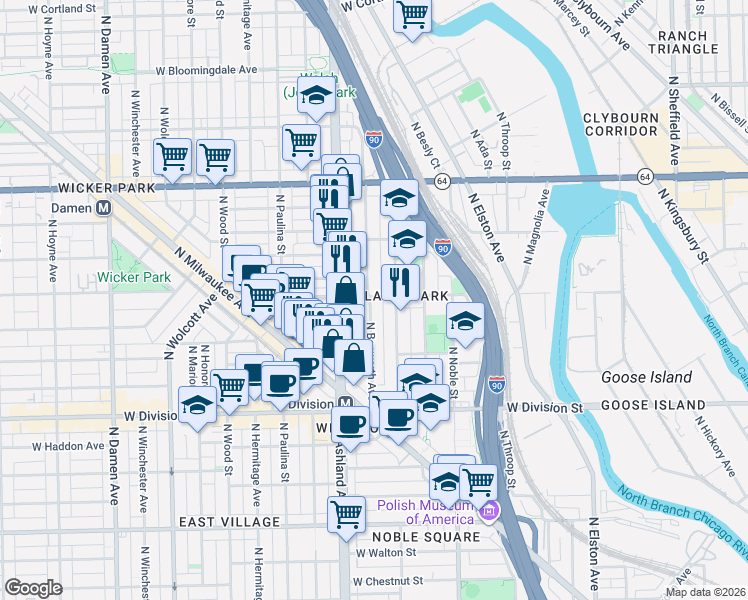 map of restaurants, bars, coffee shops, grocery stores, and more near 1363 North Bosworth Avenue in Chicago