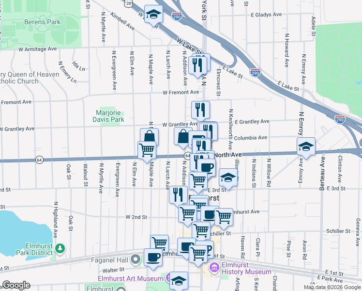 map of restaurants, bars, coffee shops, grocery stores, and more near 300 North Addison Avenue in Elmhurst