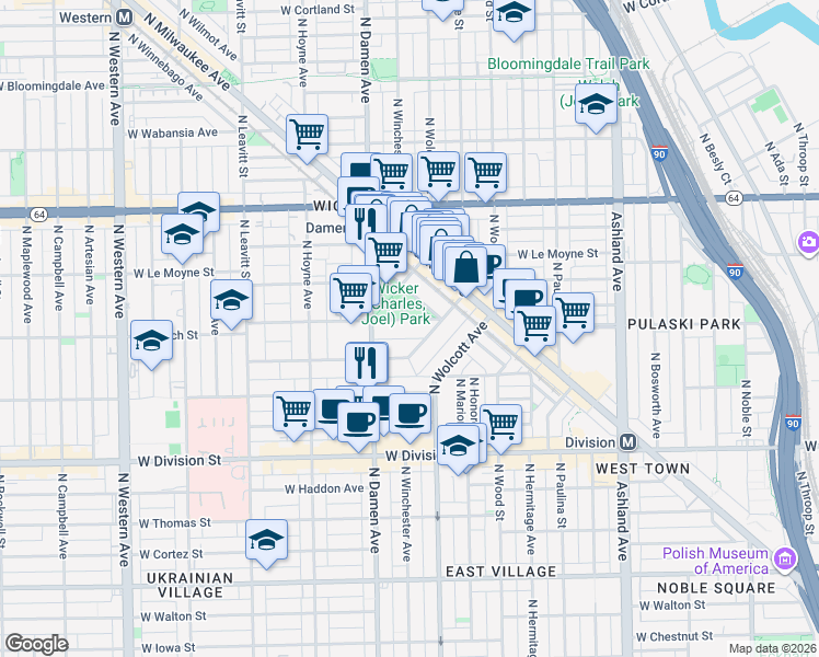 map of restaurants, bars, coffee shops, grocery stores, and more near 1927 West Schiller Street in Chicago