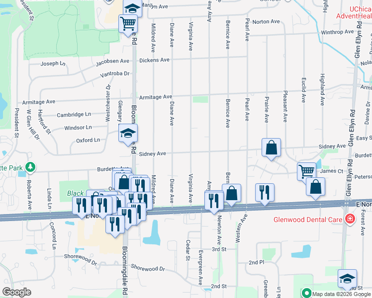 map of restaurants, bars, coffee shops, grocery stores, and more near 2N214 Virginia Avenue in Glendale Heights