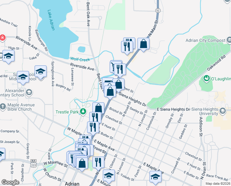 map of restaurants, bars, coffee shops, grocery stores, and more near 4 East Siena Heights Drive in Adrian