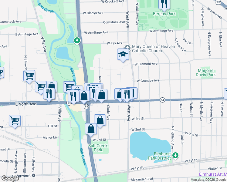 map of restaurants, bars, coffee shops, grocery stores, and more near 319 Shady Lane in Elmhurst