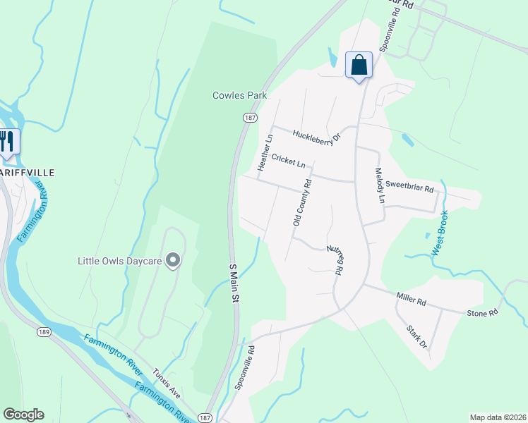 map of restaurants, bars, coffee shops, grocery stores, and more near 8 Pennywhistle Road in East Granby