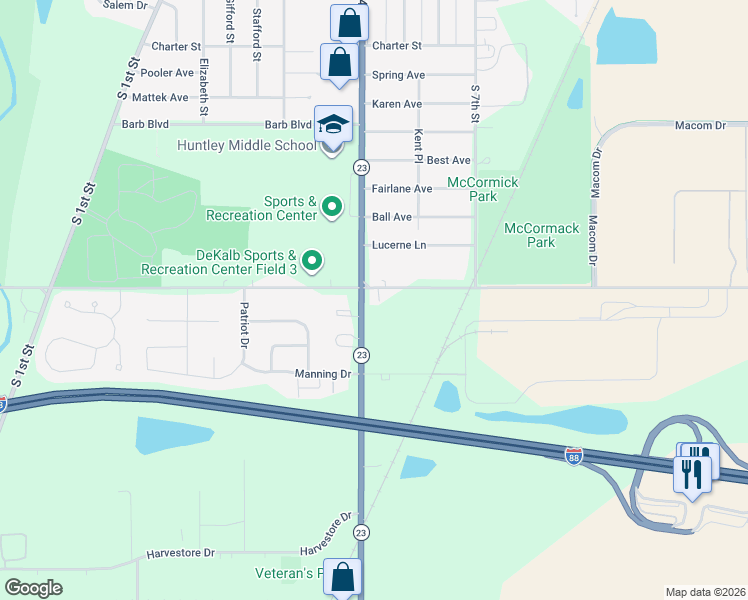 map of restaurants, bars, coffee shops, grocery stores, and more near 402 Fairview Drive in DeKalb