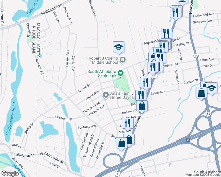 map of restaurants, bars, coffee shops, grocery stores, and more near 30 Gardner Avenue in Attleboro