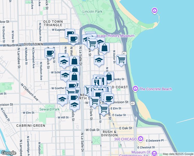 map of restaurants, bars, coffee shops, grocery stores, and more near 1337 North Dearborn Parkway in Chicago